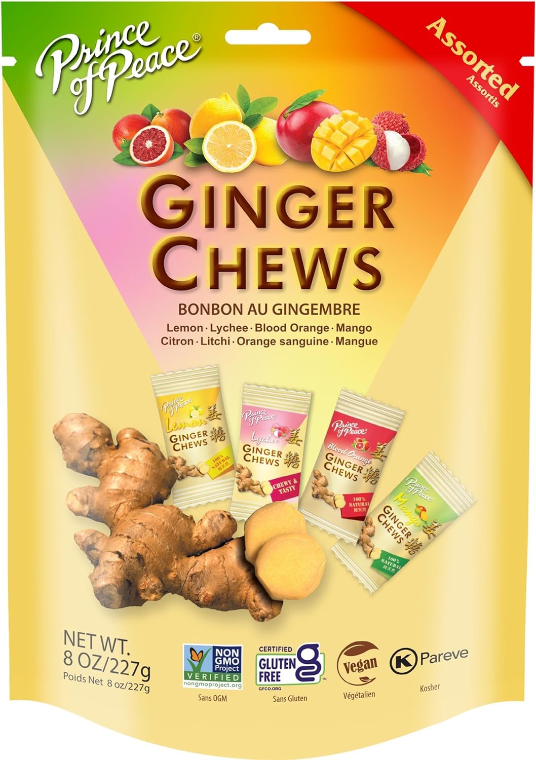 Prince of Peace Ginger Chews Assorted Flavors, 8 oz - Lemon, Lychee, Blood Orange, Mango - Candied Ginger Variety Pack - Natural