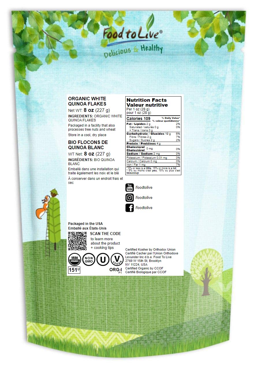 Food To Live Organic White Quinoa Flakes, 8 Ounces – Non-Gmo Pressed Quinoa Seeds, Vegan, Kosher, Bulk, High In Protein, Riboflavin, And Phosphorus. For Cooking, Baking, Oatmeal, Breakfast Cereals
