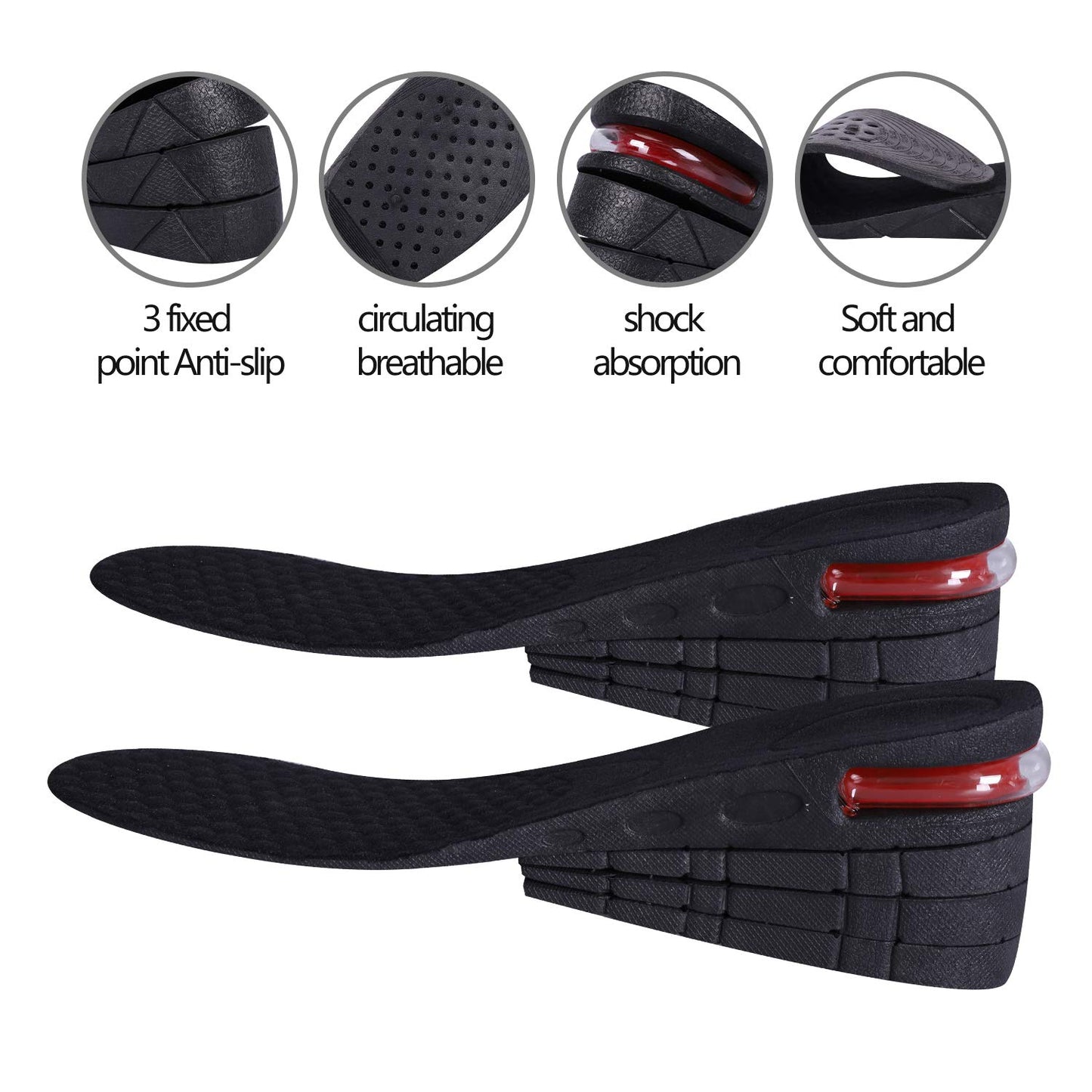 Lansian 3-Layer Height Increase Shoe Insoles for Men & Women - Black Air Cushion Lift Kit (2.75 / 7cm) - Comfortable Heel Inserts
