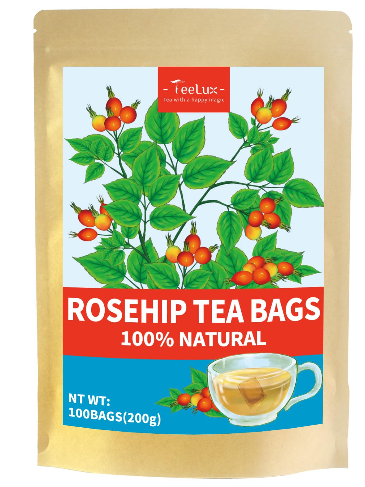 TeeLux Rose Hips Tea Bags, Premium Herbal Tea, Caffeine-free, Fruity Flavor, 100 Count