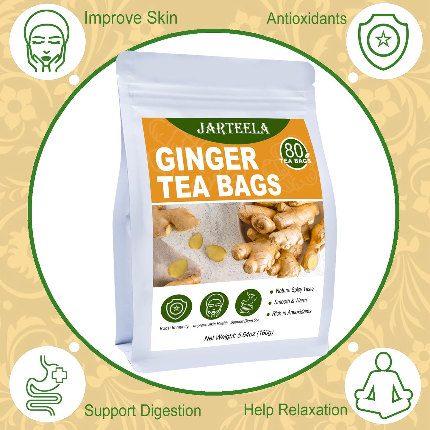 Jarteela Ginger Tea Bags - Natural Ginger Root, Caffeine-Free, 80 Count