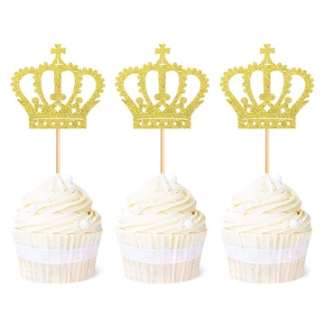 Ercadio 24 Pack Crown Cupcake Toppers Gold Glitter Prince Royal Crown Cupcake Picks King Crown Cupcake Decors For Prince Theme Baby Shower Party Decoration Supplies