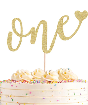 Ahaoray First Birthday Cake Topper - Gold Glitter Love One Birthday Cake Decorating Supplies, Perfect For Baby Shower/Gender Rev