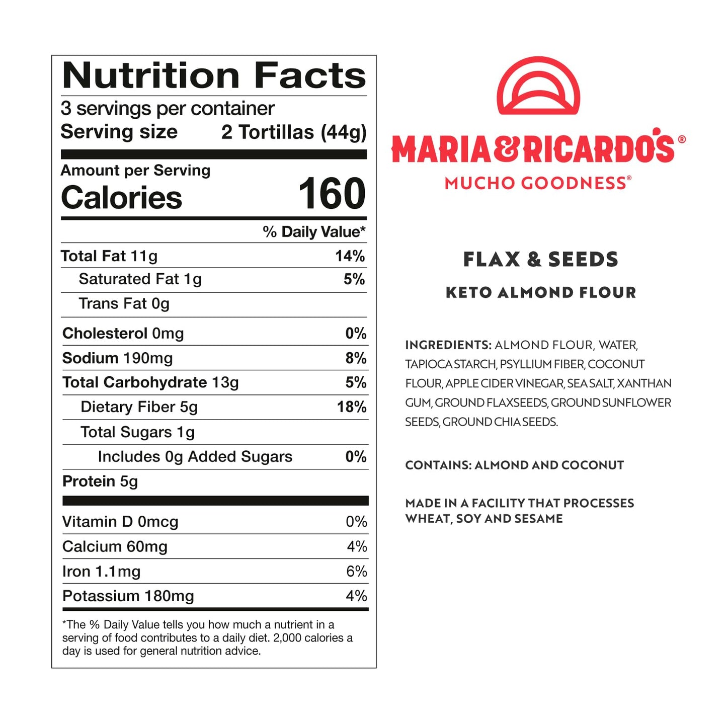Maria & Ricardo's KETO Tortillas | Almond Flax & Seeds | Low Carb | Grain Free | Paleo | Non GMO | Vegan | Gluten Free | KETO Ce