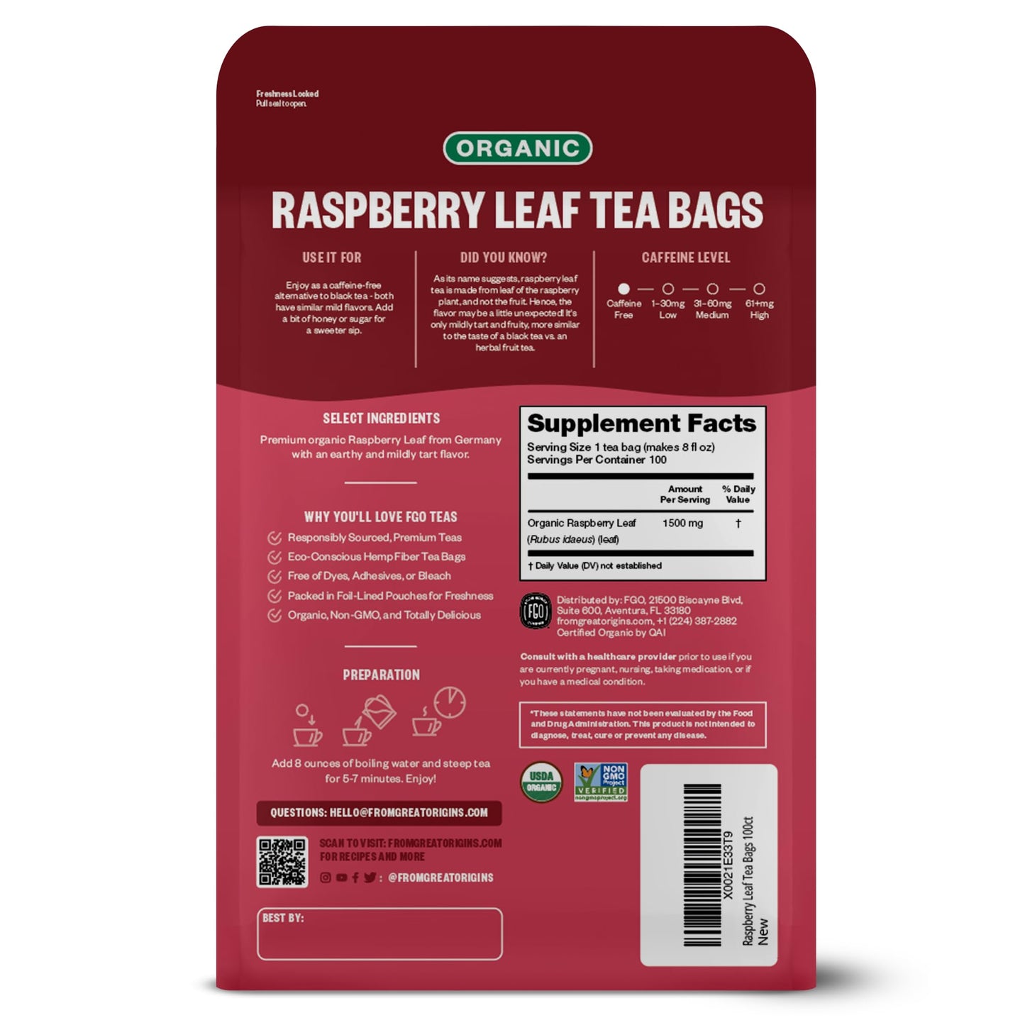 FGO Organic Red Raspberry Leaf Tea Bags, 100 Count, Eco-Conscious Kraft Bag, Raw from Germany, Model FGO-RRLF-TEAB-100
