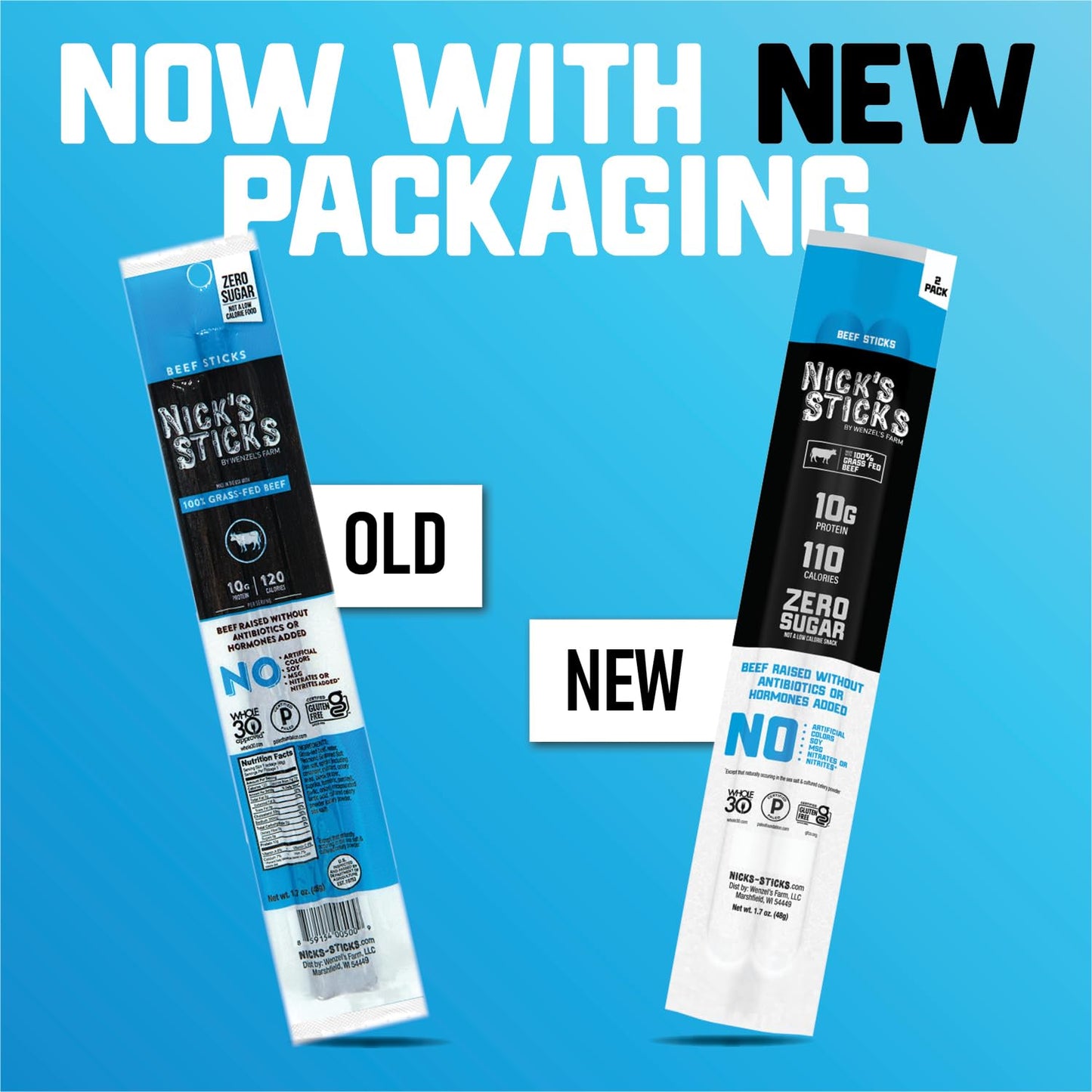 Nicks Sticks Clean & Balanced 100% Grass-Fed Beef Snack Sticks | Made In The Usa | Gluten Free | Paleo, Keto, Whole30 Approved | No Soy,  S Or  S (25 – 1.7Oz. Packs Of 2 Sticks)