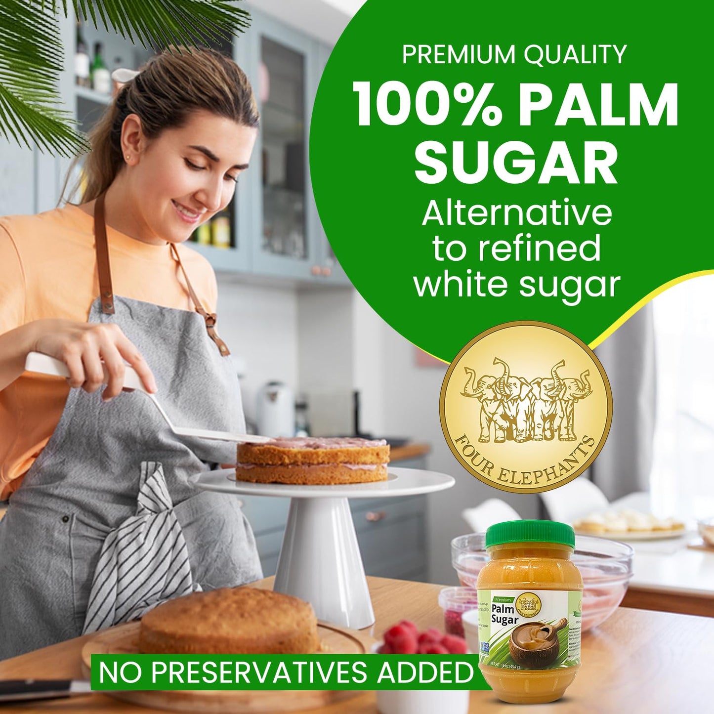 Four Elephants Premium Palm Sugar Non-GMO 16 oz - 100% Natural Sweetener, Pack of 1