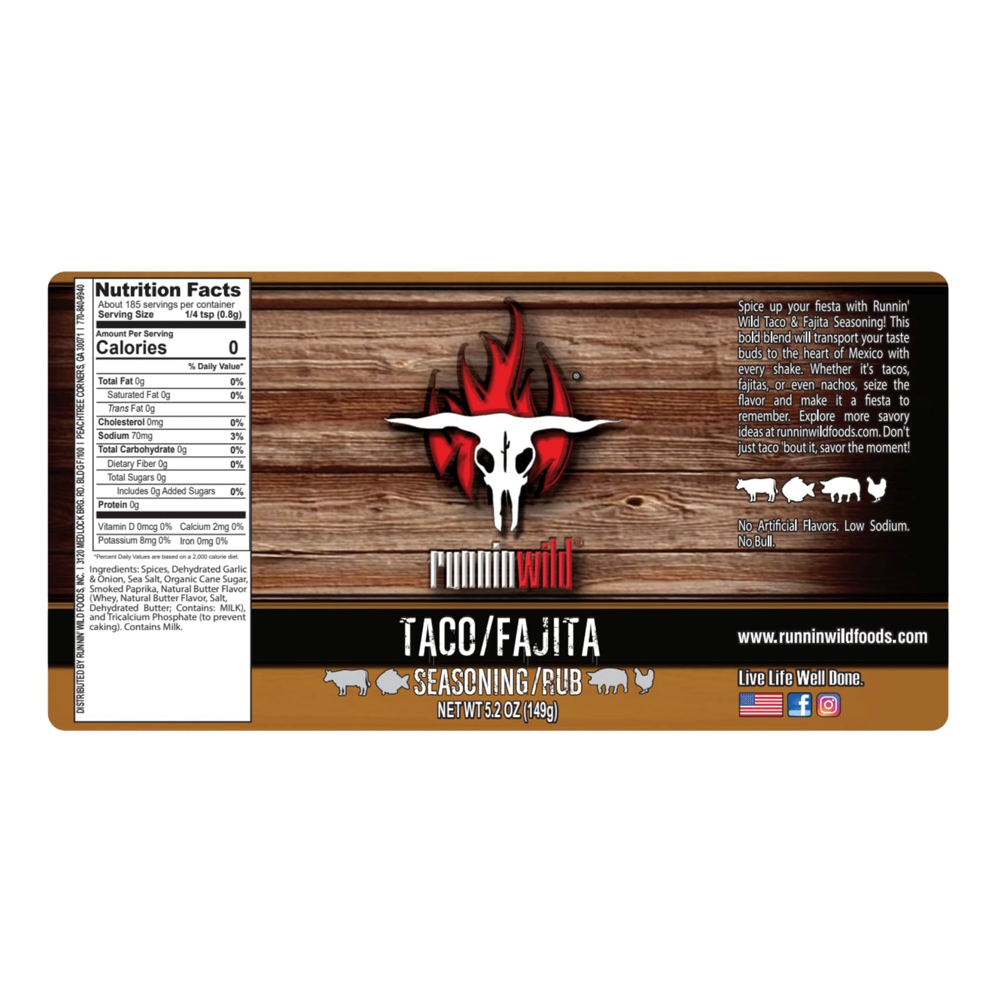 Runnin Wild Gourmet Taco Seasoning Mix, Low Sodium, 5.2 oz, Perfect for Tacos, Fajitas, Nachos, Chili, Enchiladas and More!