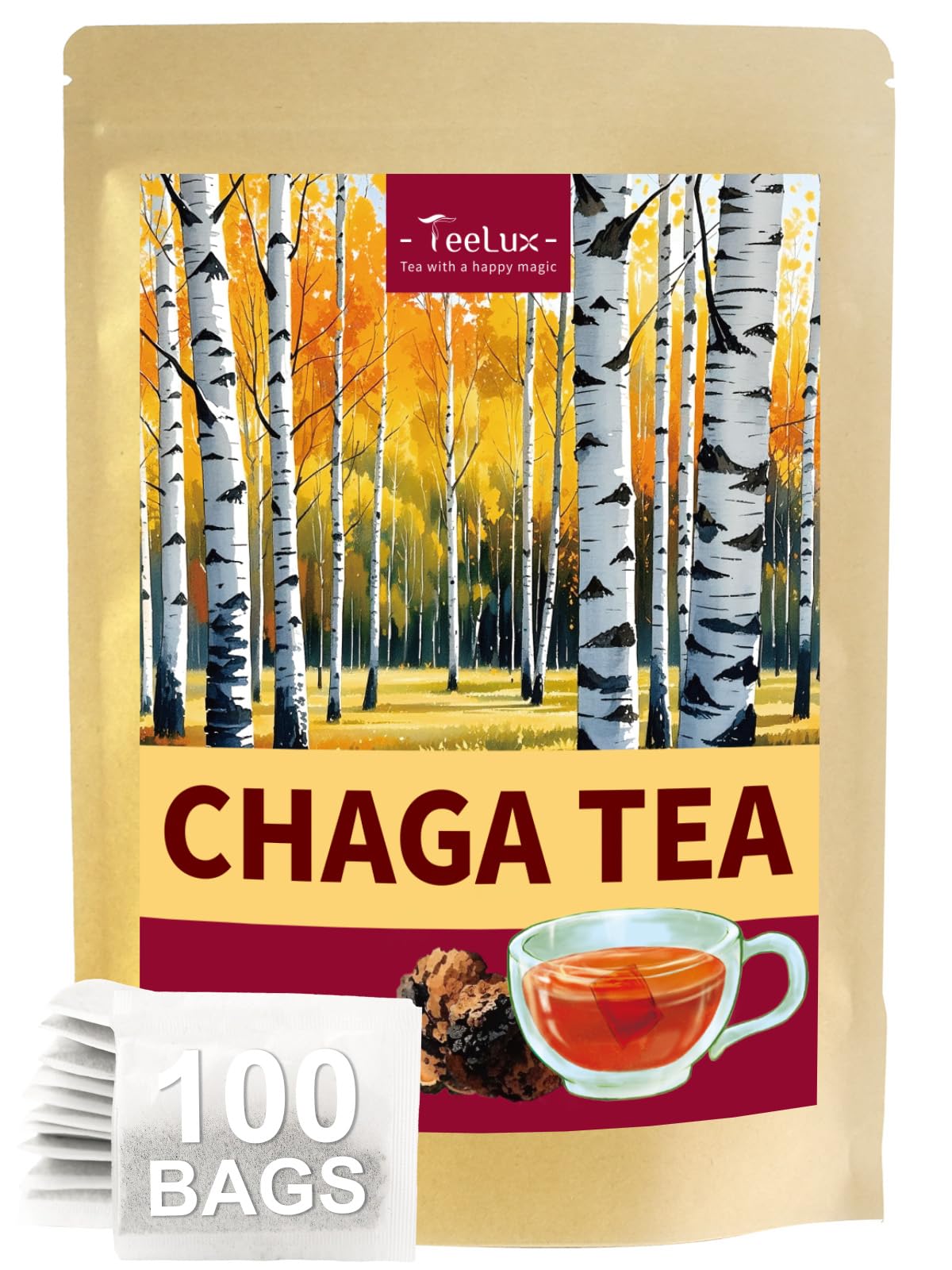 Teelux Chaga Tea Bags  Pure & Natural Chaga Mushroom Tea  Smooth Flavor  Energy Blend Free  100 Count