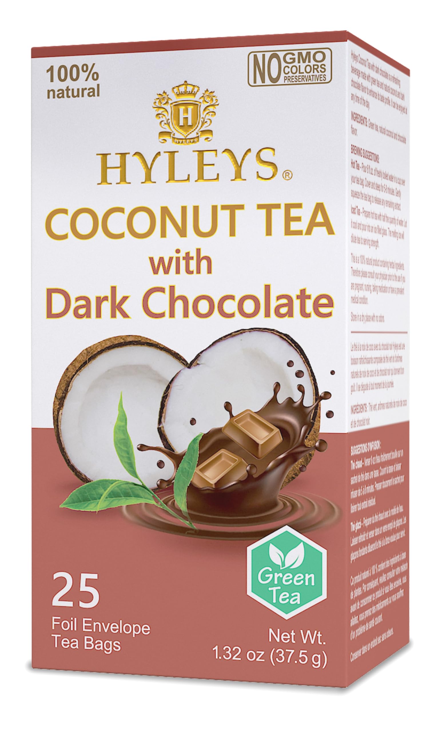 Hyleys Wellness Natural Coconut Tea With Dark Chocolate - 25 Tea Bags (Gmo Free, Gluten Free, Dairy Free, Sugar Free & 100% Natu