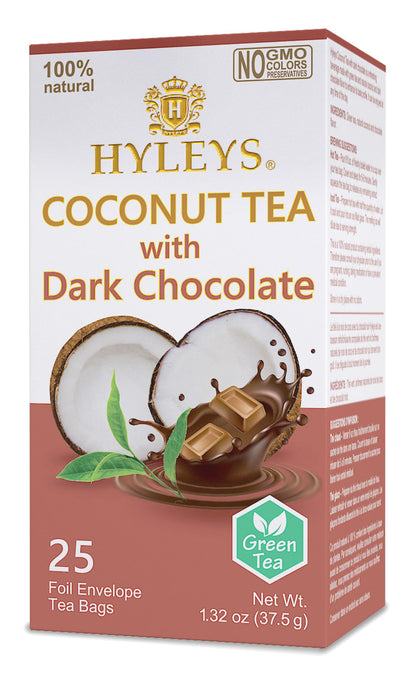 Hyleys Wellness Natural Coconut Tea With Dark Chocolate - 25 Tea Bags (Gmo Free, Gluten Free, Dairy Free, Sugar Free & 100% Natu