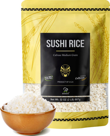 Soeos Sushi Rice, Medium Grain, White Sticky Rice For Sushi Rolls And Japanese Food, Calrose Rice, 2 Pound (32 Ounce)