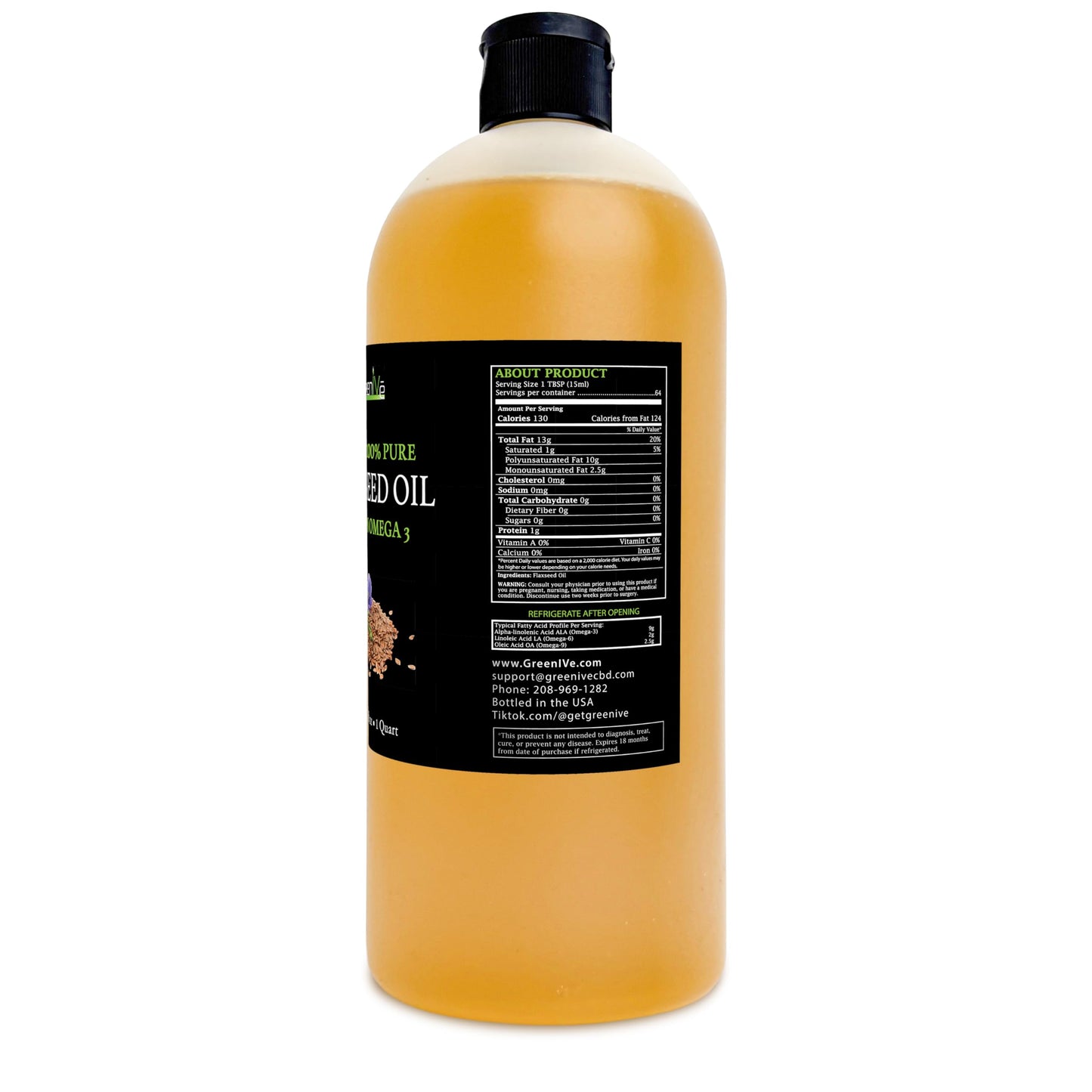 GreenIVe Flax Seed Oil, 100% Pure, Cold Pressed, High Omegas, 32 Fl Oz
