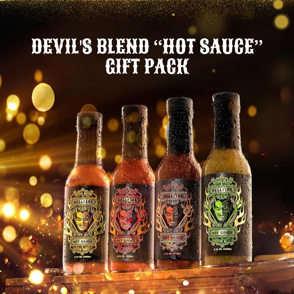 Hellfire Hot Sauce Devils Blend Gift Pack - Gourmet Hot Sauce Variety Pack With 4 Spicy Flavors (Four 5 oz. Bottles)