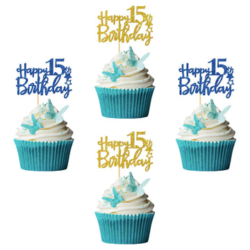Roadsea Happy 15Th Birthday Cupcake Toppers - Teenager Boy Girl 15 Years Old Birthday Cupcake Supplies - 15Th Birthday Party Dec