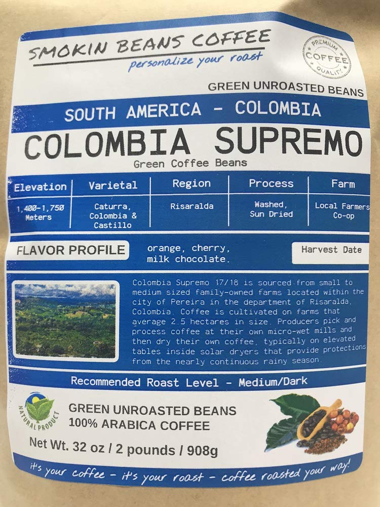 Smokin Beans 2-Pound Colombia Supremo Unroasted Green Arabica Coffee Beans Specialty Grade