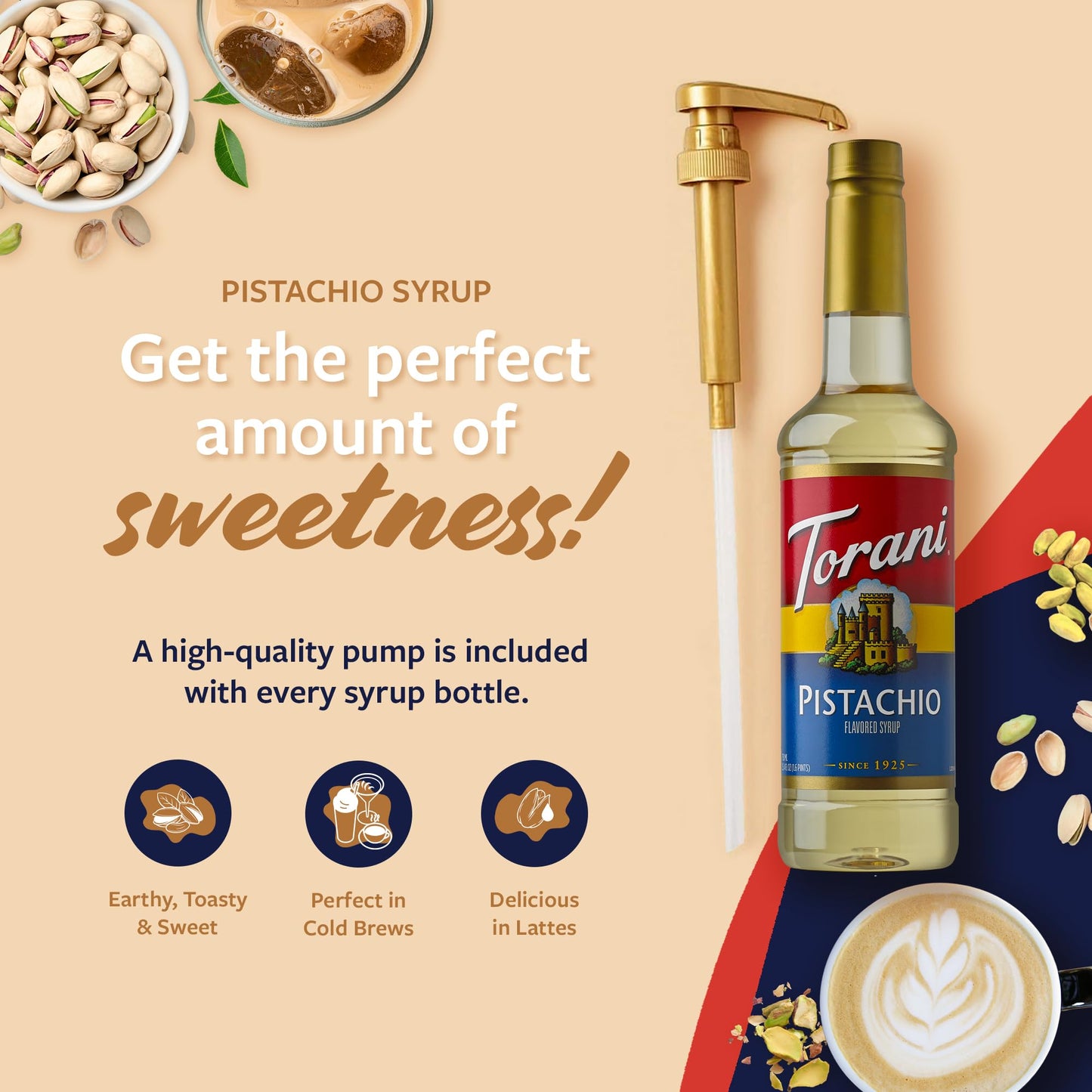 Torani Pistachio Coffee Syrup, 25.4 Fl Oz, Pump Included, Ideal for Drinks & Desserts