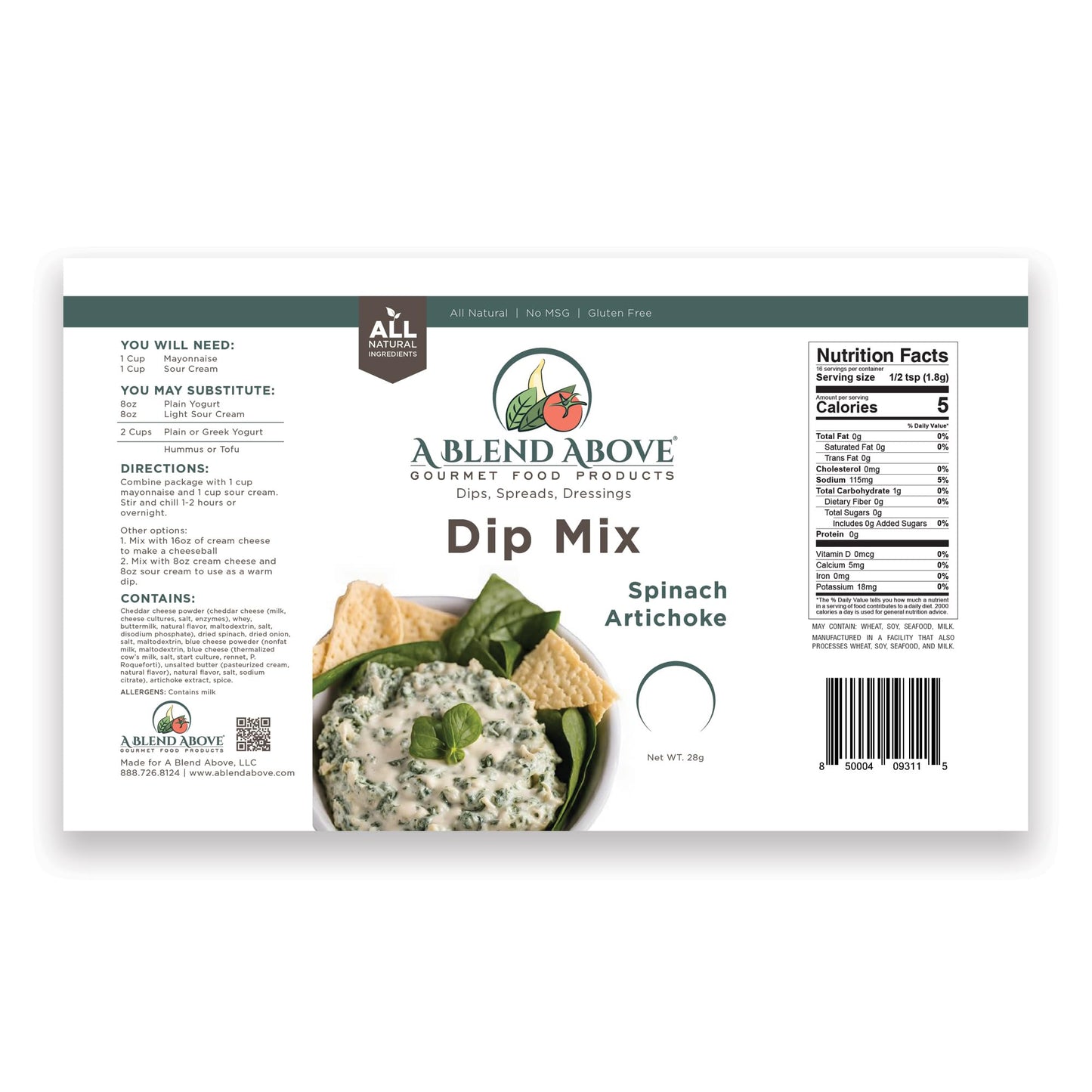 A Blend Above Spinach Artichoke Dip Mix, Gluten-Free, Vegan, Low Carb, 3 Packs, 1 oz Each, Makes 16 Ounces