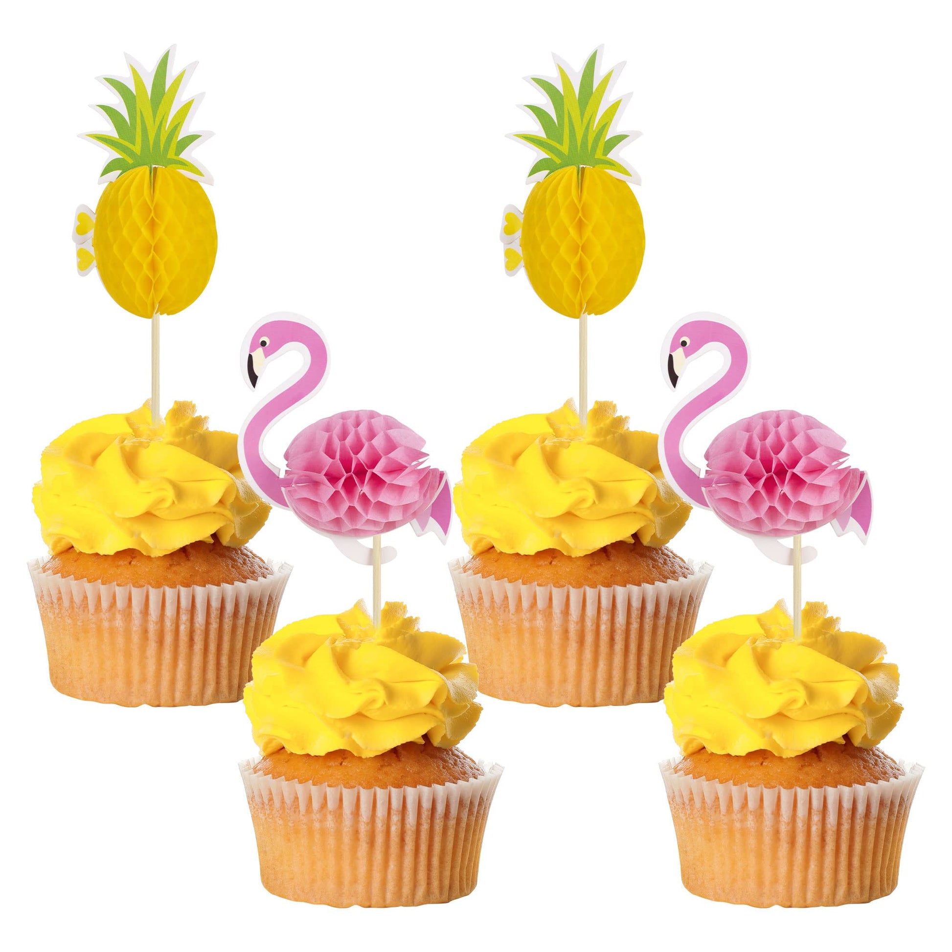 Gyufise 24Pcs Flamingo Cupcake Toppers, Pineapple Food Picks, Paper, Small, Tropical Hawaii Party Decorations