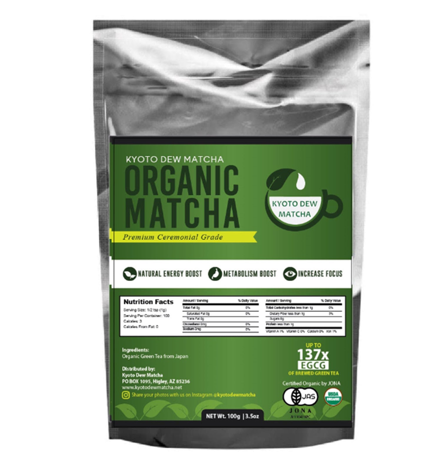 Kyoto Dew Matcha Organic Ceremonial Grade Matcha Green Tea Powder – 3.5oz Bag – USDA & JAS Certified, No Fillers or Sugar