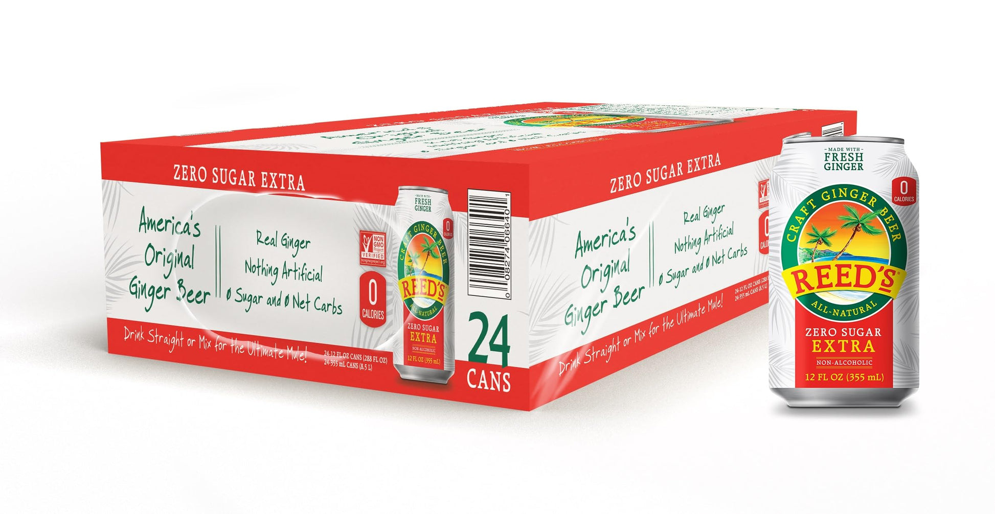 Reeds Zero Sugar Extra Ginger Beer - Crafted with Fresh Ginger - 12oz Cans, 24 Pack