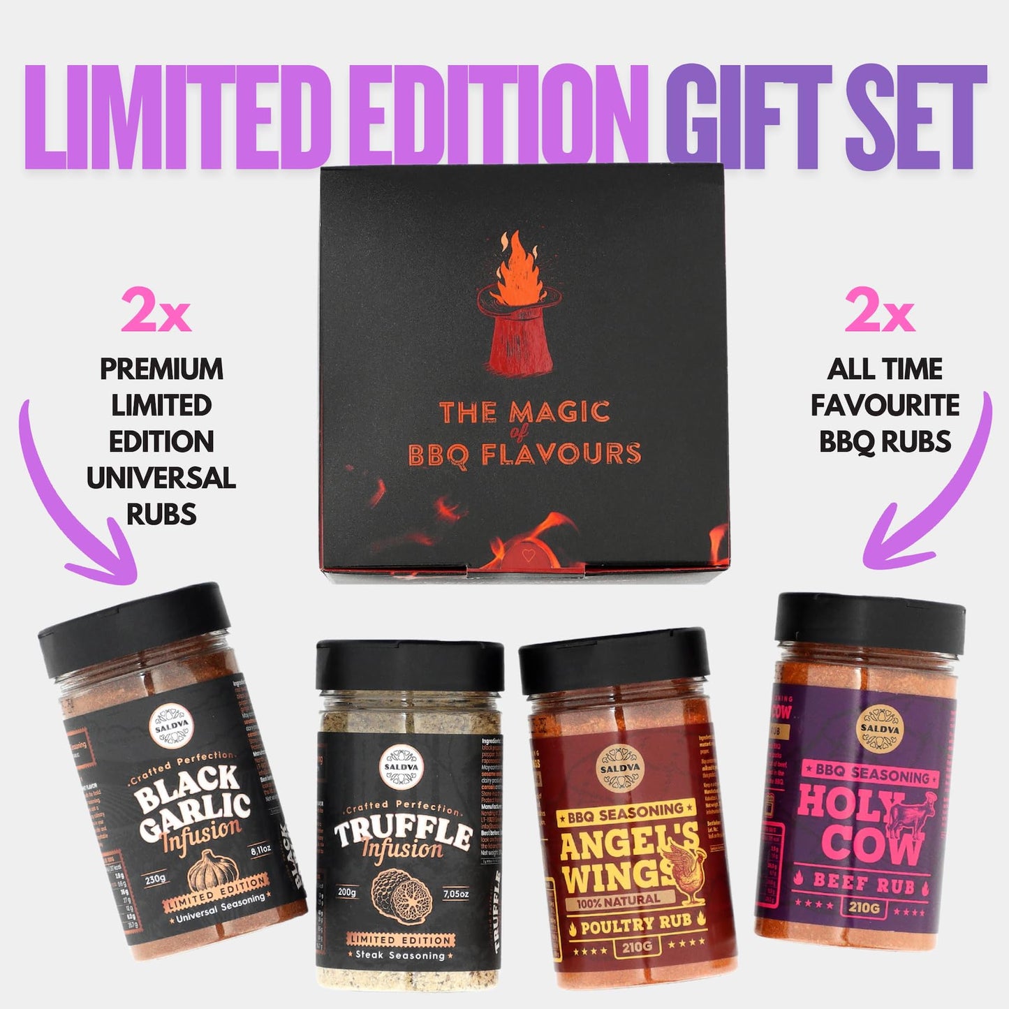 Enhanced Bbq Rub Gift Set - Holy Cow, Angel’S Wings, Black Garlic, Truffle Infusion Bbq Rubs | Pack Of 4 | 100% Natural | Spice Gift For Foodie