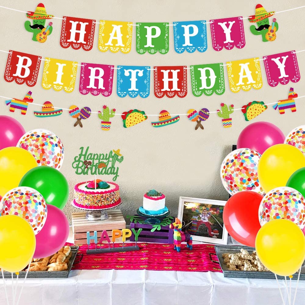 Mexican Themed Birthday Party Supplies, Fiesta Birthday Banner And Cake Topper, Taco Party Decorations For Kids