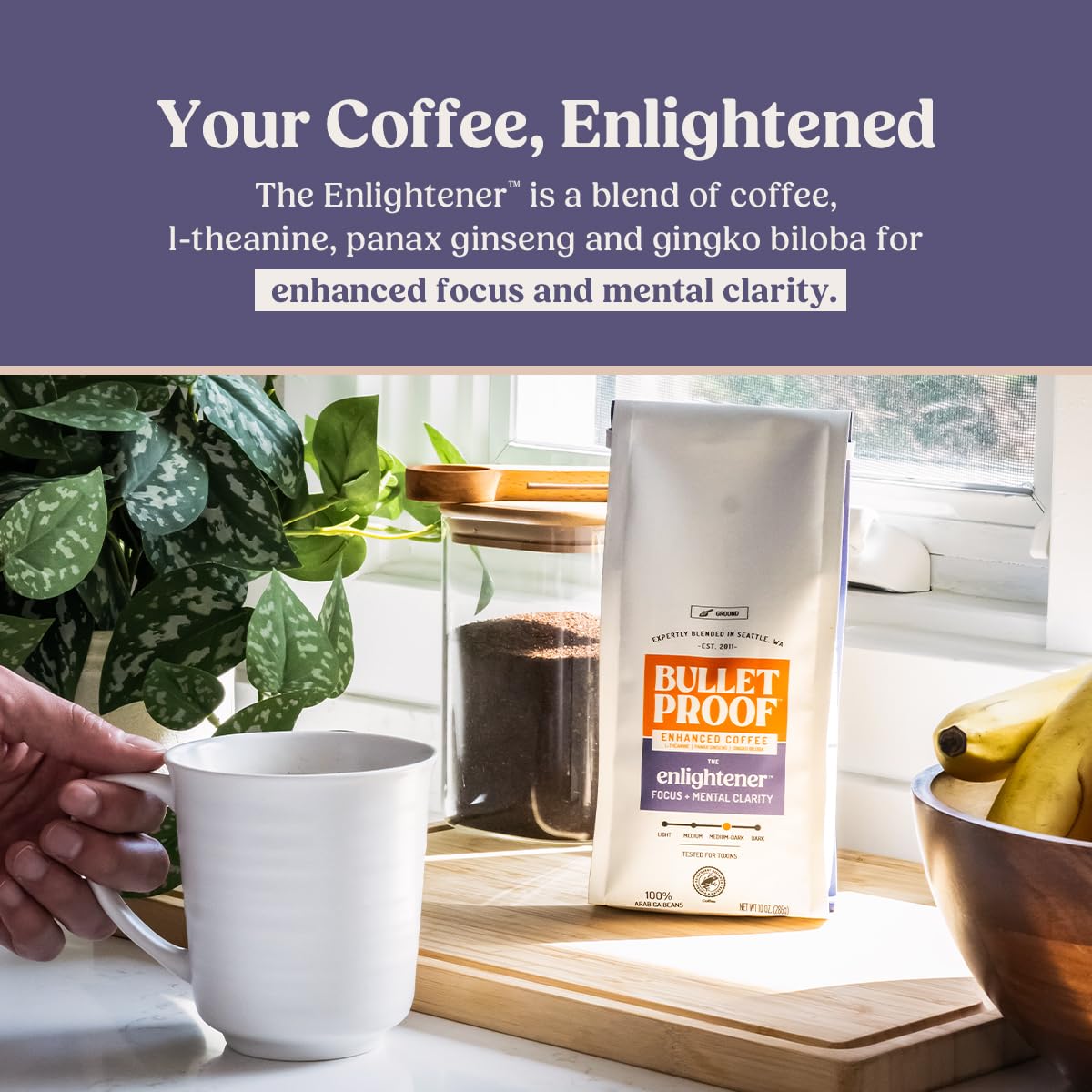 Bulletproof The Enlightener Ground Coffee, 10 Ounces, Medium-Dark Roast Enhanced Coffee With L-Theanine, Panax Ginseng And Gingk