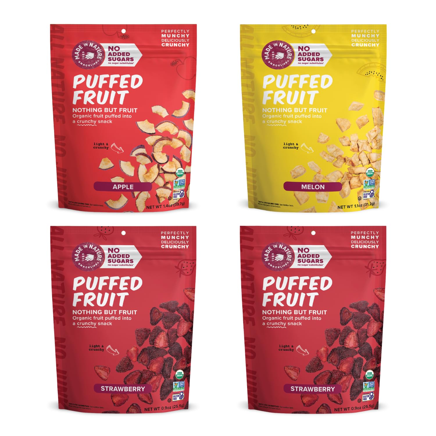 Made In Nature Organic Puffed Fruit, Variety Pack (Pack of 4) - 2 Strawberry, 1 Apple, 1 Melon, Air-Dried & Crispy, No Added Sug