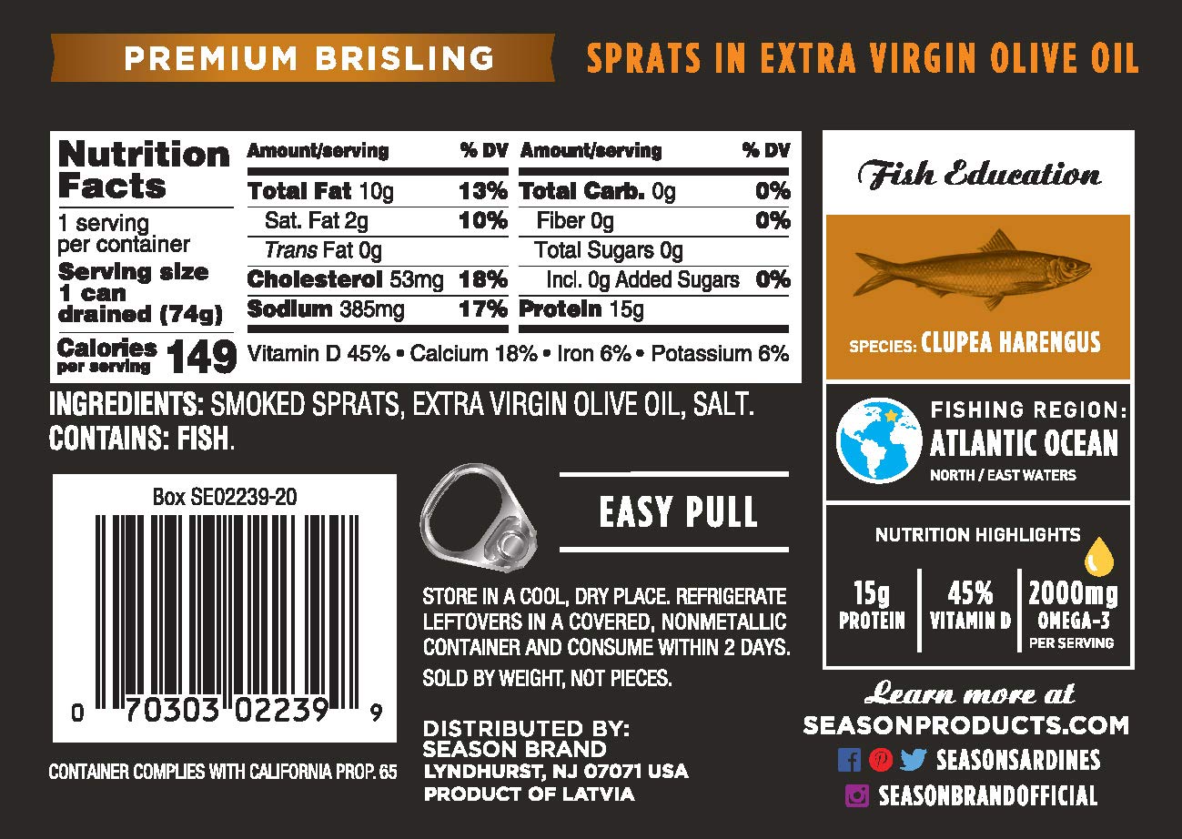 Season Brisling Sprats In Extra Virgin Olive Oil - Lightly Smoked, Wild Caught, 15G Of Protein, Keto Snacks, More Omega 3S Than Tuna, Kosher, High In Calcium, Canned Sardines - 3.88 Oz Tins, 6-Pack