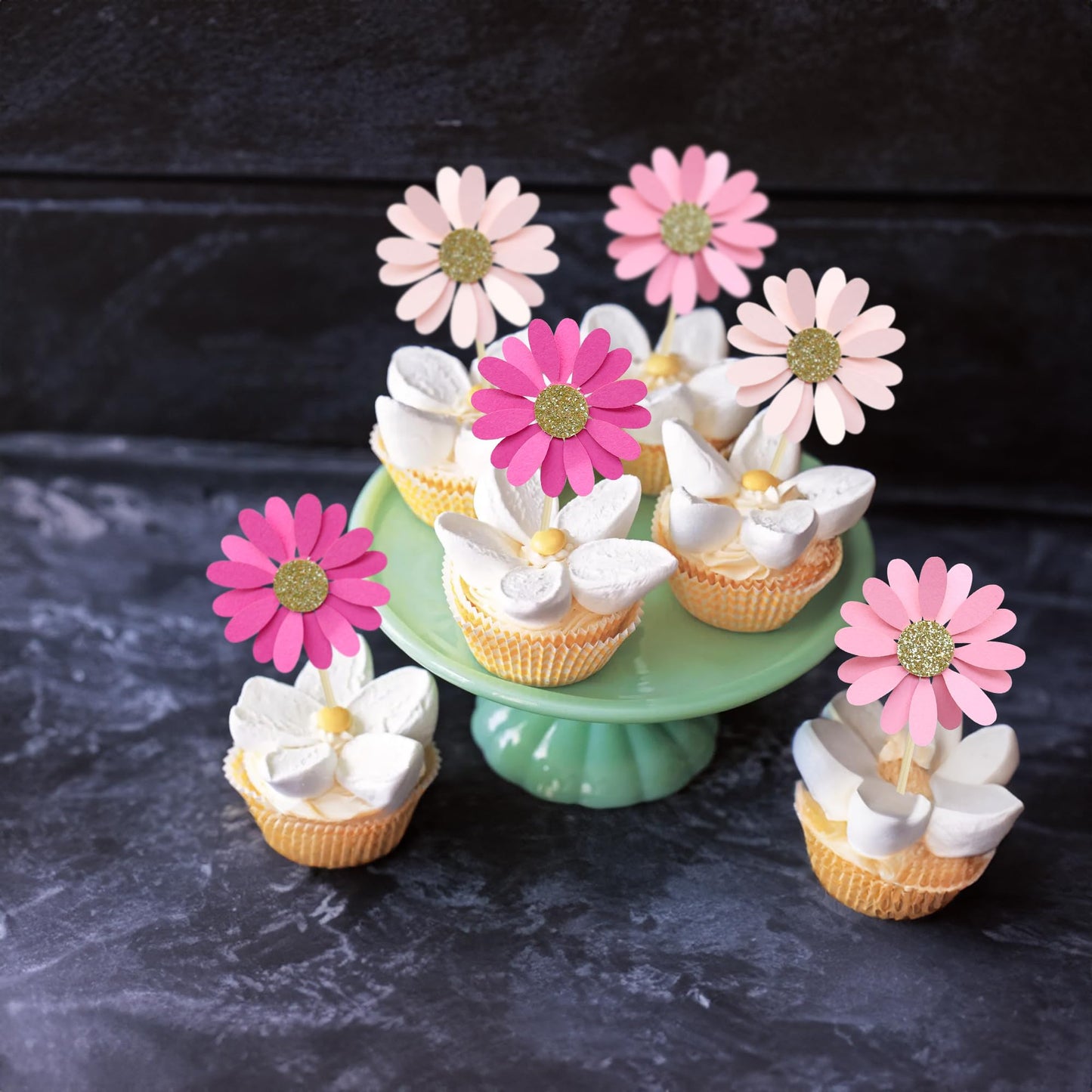 Ephlyn 24Pcs Daisy Cupcake Toppers Flower Cake Decorations 4.3cm x 12cm Rose Red Pink Paper