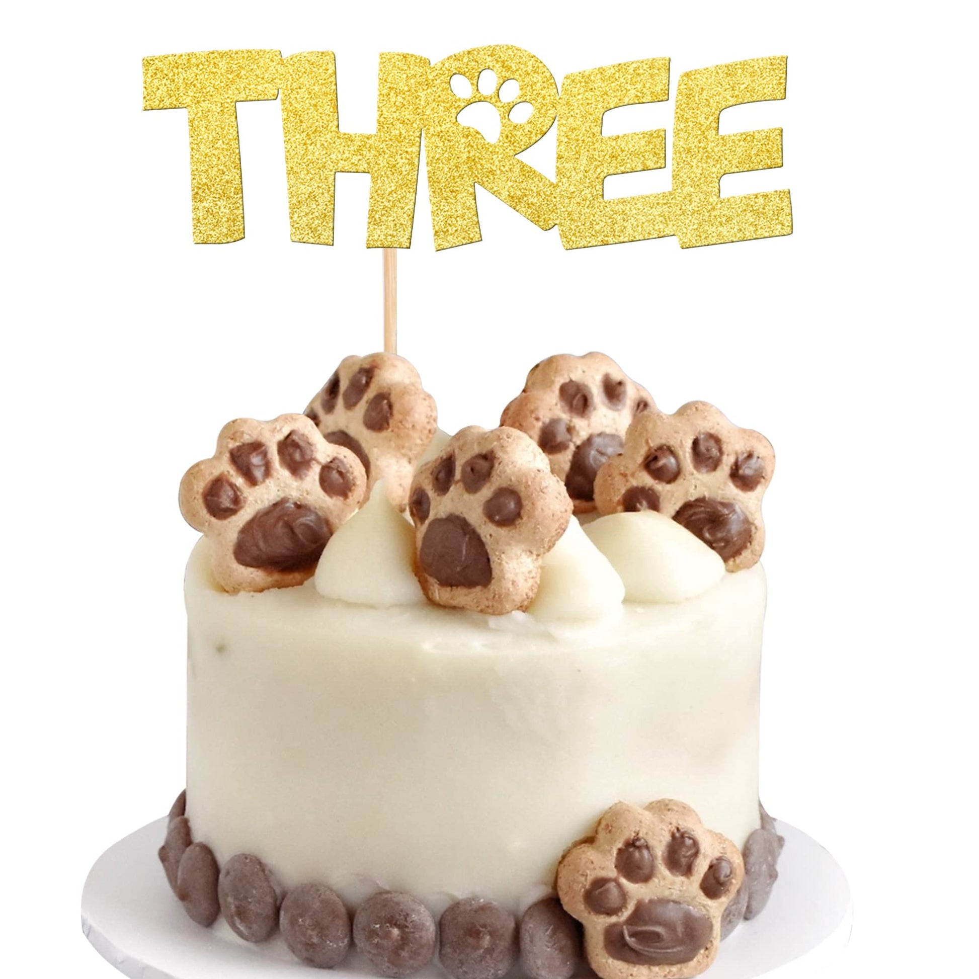 1 PCS Three Cake Topper Gold Glitter Dog Paw 3 Years Old Birthday Cake Pick Decorations for Puppy Dog Let's Pawty for Kids Boys 