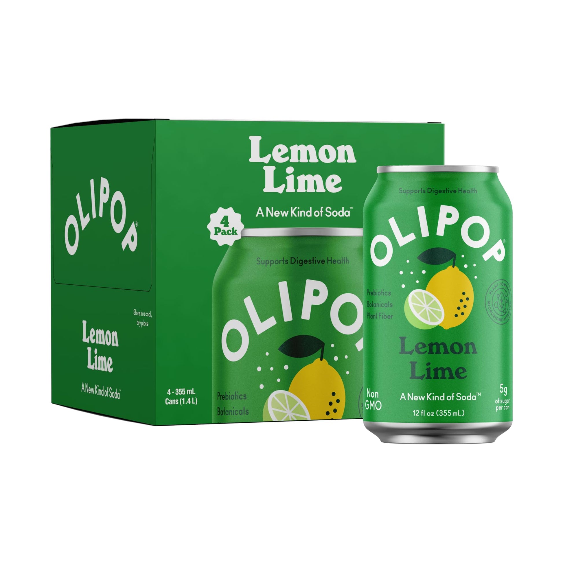 OLIPOP Prebiotic Soda Pop  Lemon Lime  Prebiotics  Botanicals  Plant Fiber  12 fl oz (4 Cans)