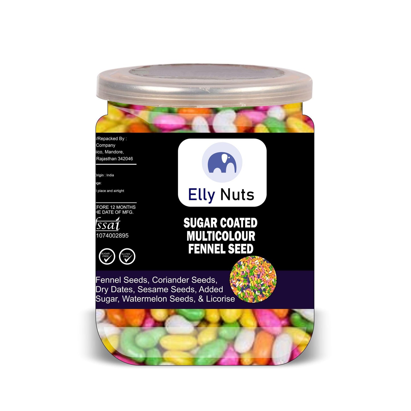 ELLY NUTS Sugar Coated Multicolour Fennel Seed 300 Gram Airtight Container