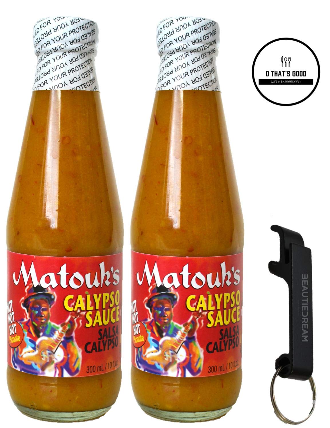 Matouks Calypso Sauce 10-Ounce Bottles (Pack of 2) with Keychain Bottle Opener in Sealed O Thats Good Packaging (Pack of 2)