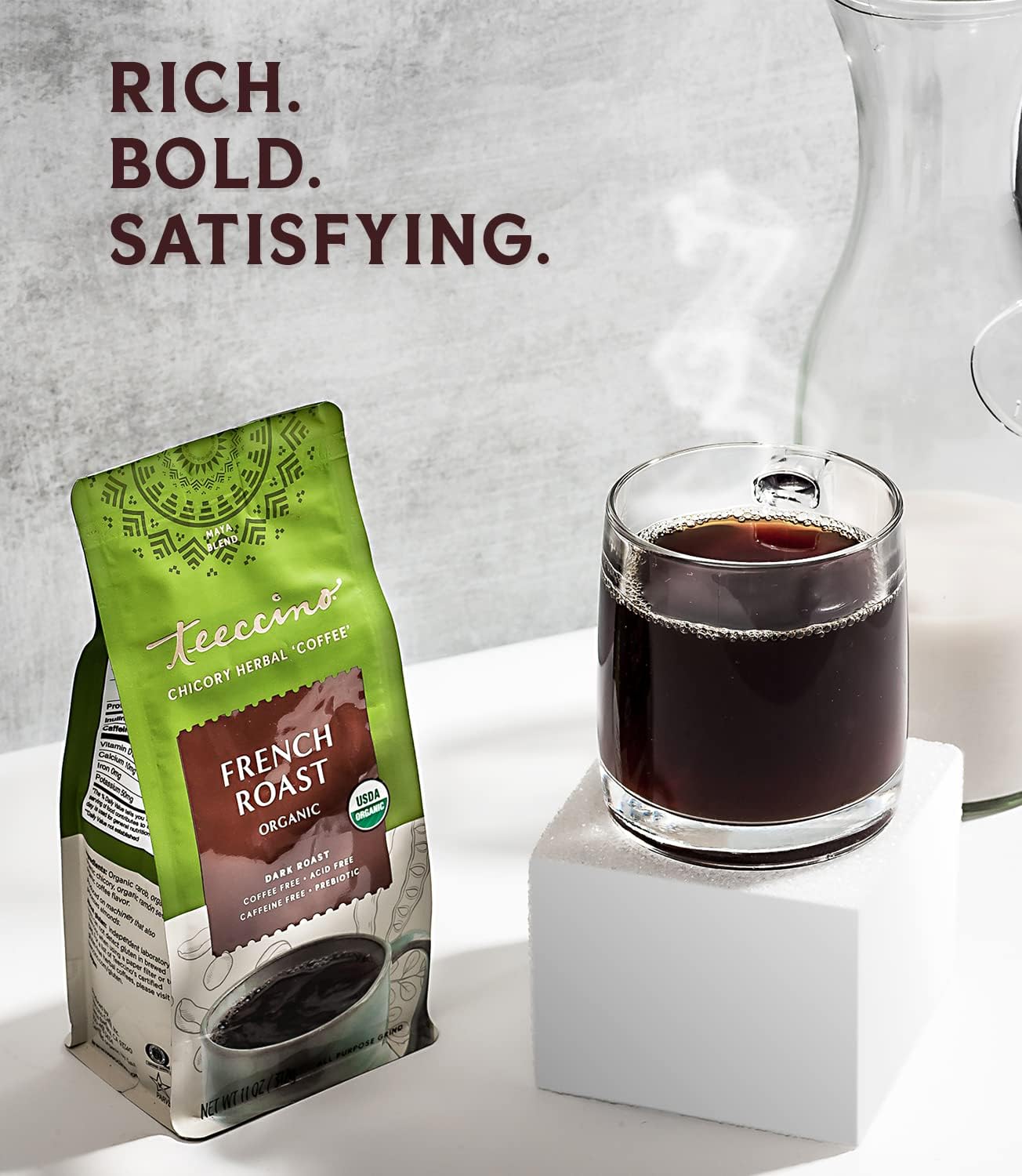 Teeccino French Roast Herbal Coffee Alternative, Caffeine-Free, Prebiotic, Dark Roast, 11 Ounce, Pack of 3