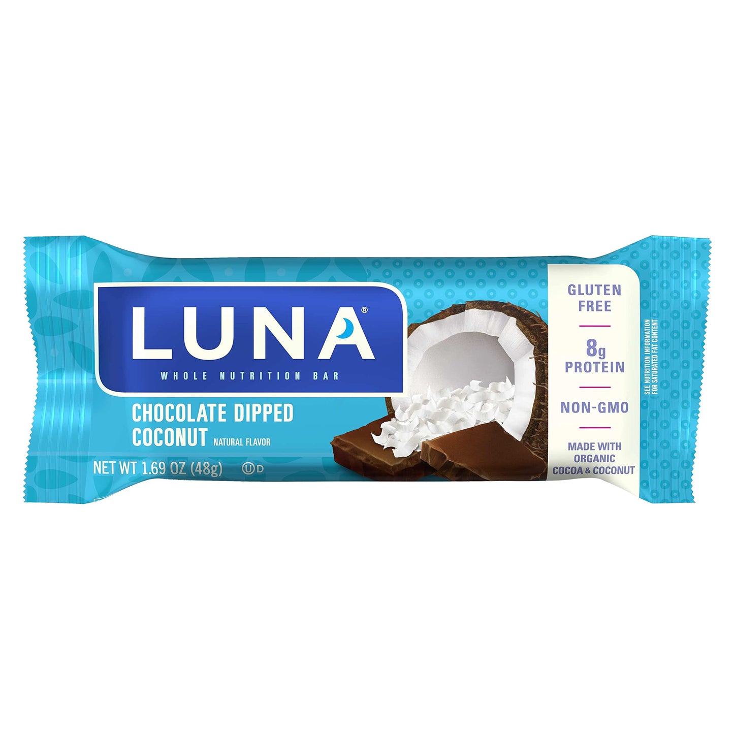 Luna Bar - Gluten Free Snack Bars - Chocolate Dipped Coconut Flavor -8G Of Protein - Non-Gmo - Plant-Based Wholesome Snacking -