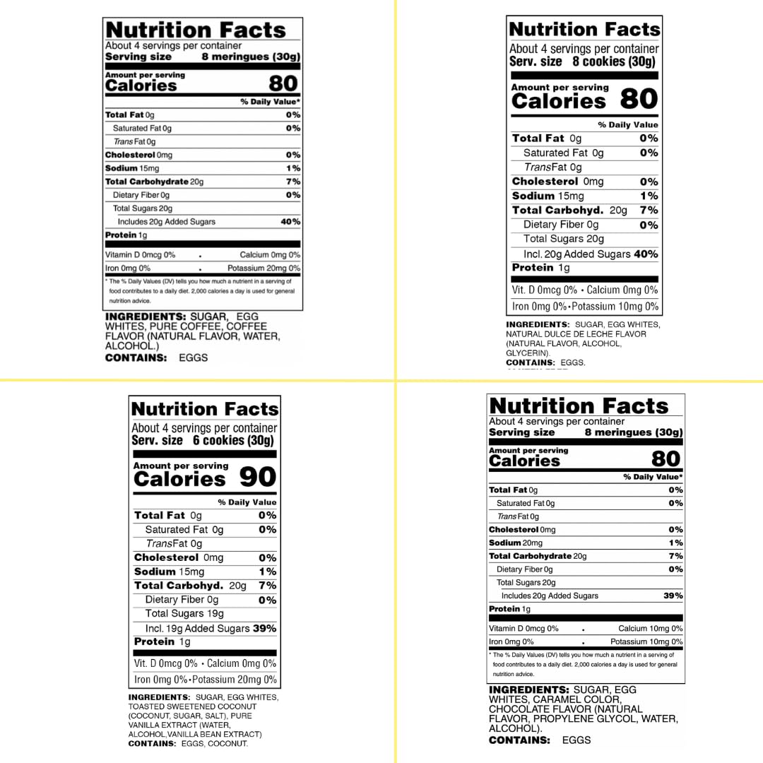 4 Pack Krunchy Melts Original Meringue Cookies | Snack Attack 4-Pack | Cappuccino, Dulce De Leche, Toasted Coconut, Chocolate |