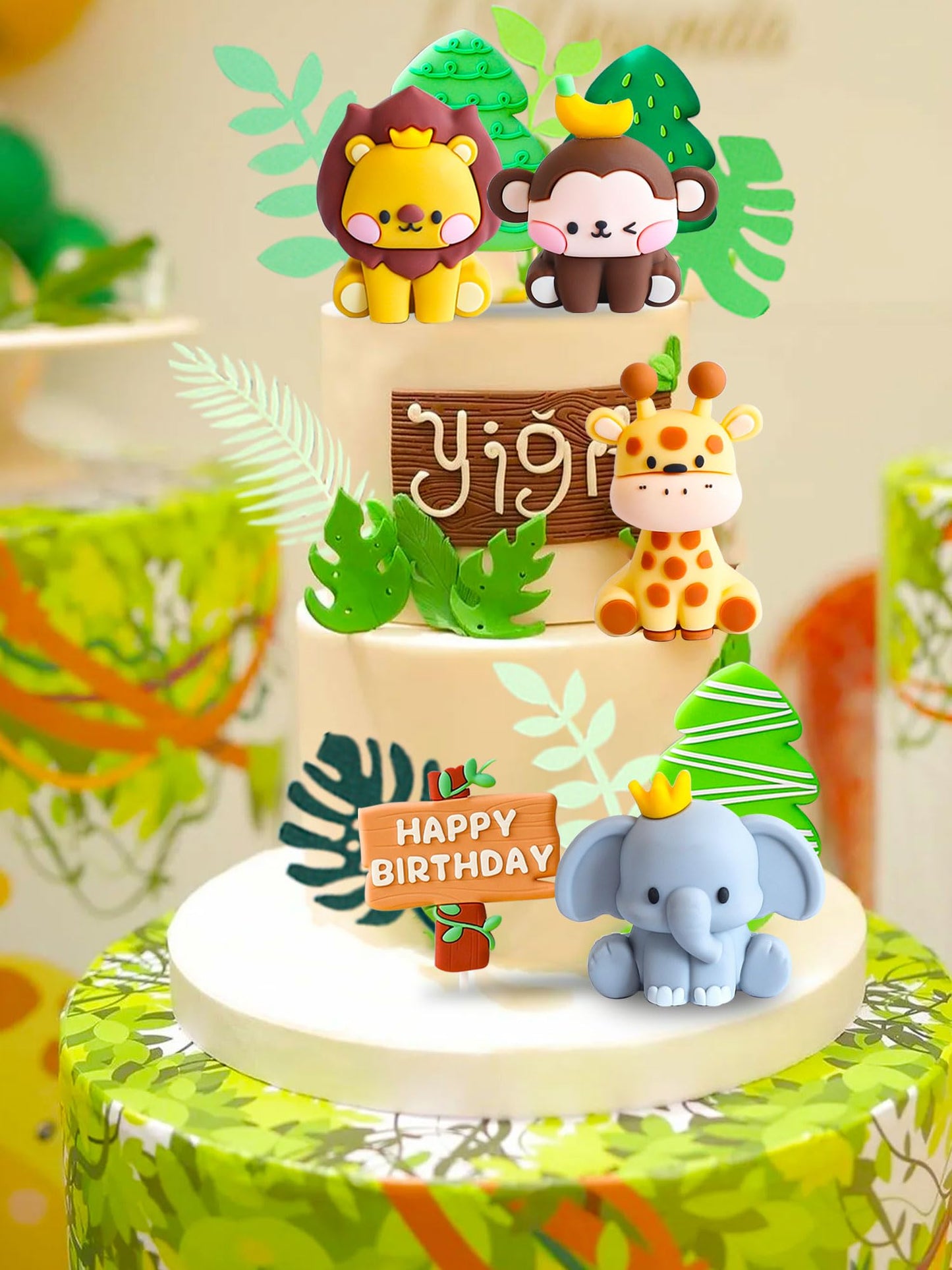 Jevenis Cute Jungle Animals Cake Decoration Wild One Cake Decoration Safari Cake Decoration Giraffe Elephant Lion Tiger Cake Jun
