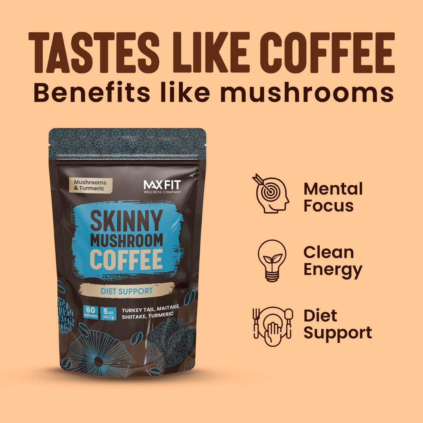 Skinny Instant Mushroom Coffee (60 Servings) Mental Focus Plus Diet Support - Turkey Tail, Maitake, Shiitake & Turmeric, Mixed W