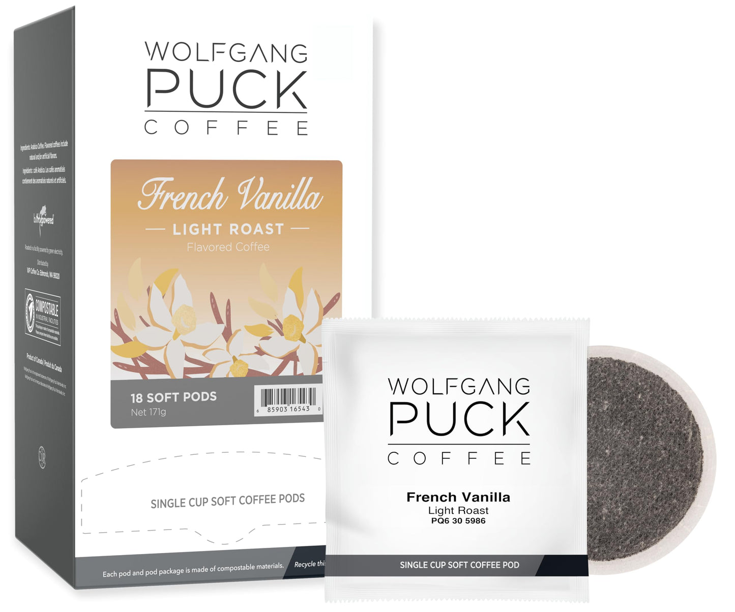 Wolfgang Puck Coffee  French Vanilla  9.5 Gram Soft Pods  18 Count (Pack Of 3)