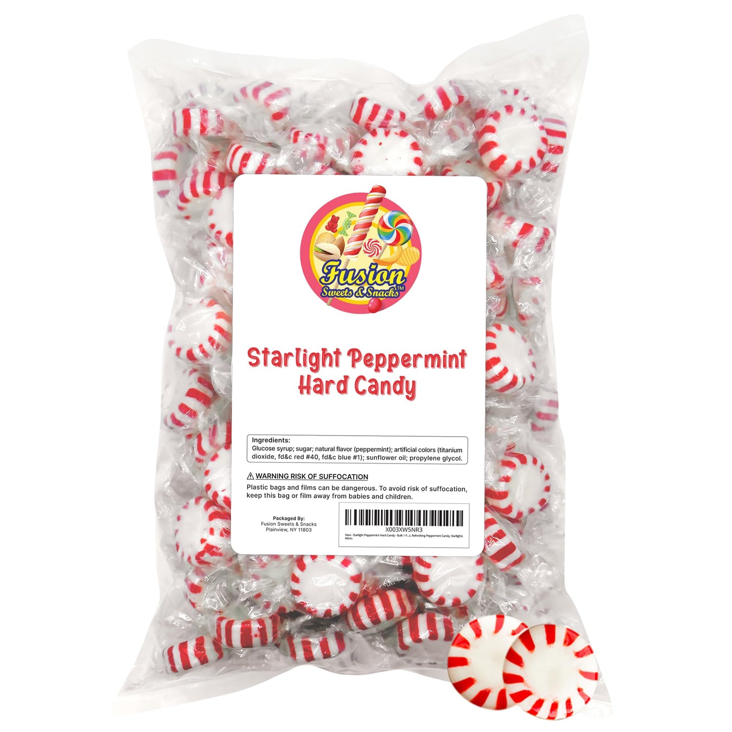 Fusion Sweets Starlight Peppermint Hard Candy - Bulk 1 Pound - Individually Wrapped - White with Red Stripes