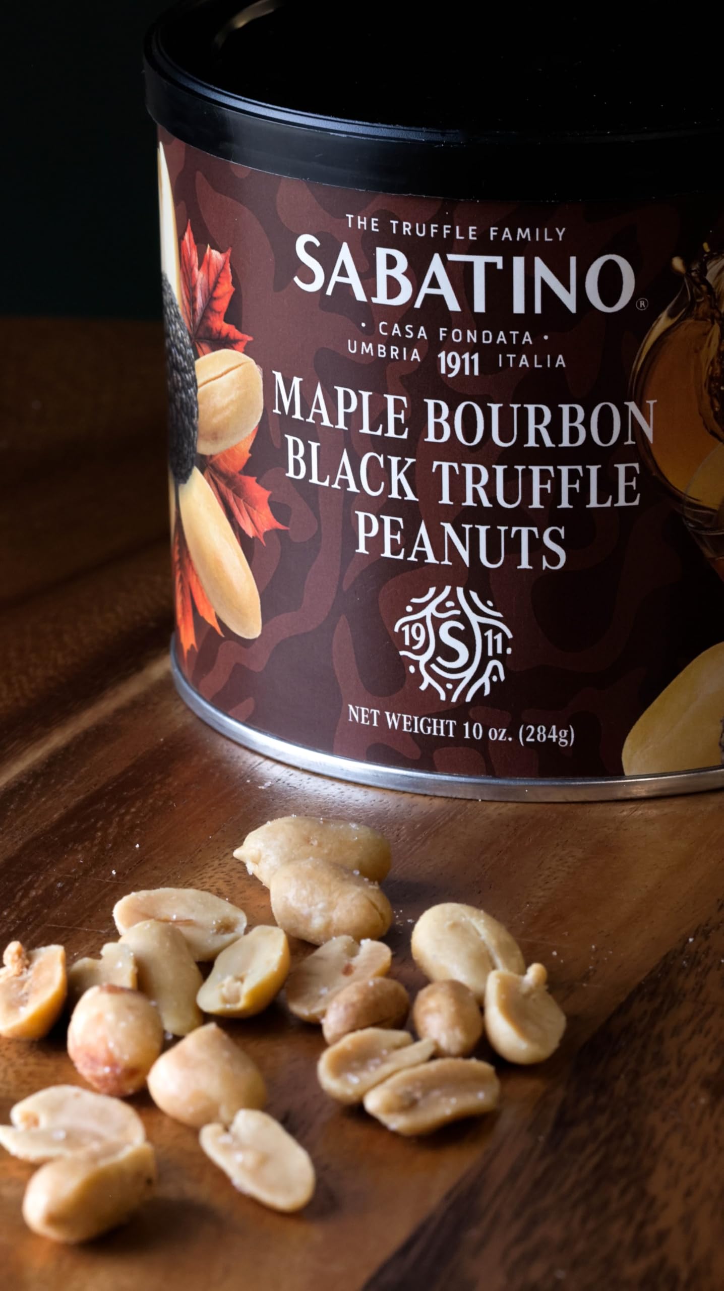 Sabatino Tartufi Gourmet Roasted Peanuts with Maple spirit-inspired flavor & Black Truffle, 10 oz Tin