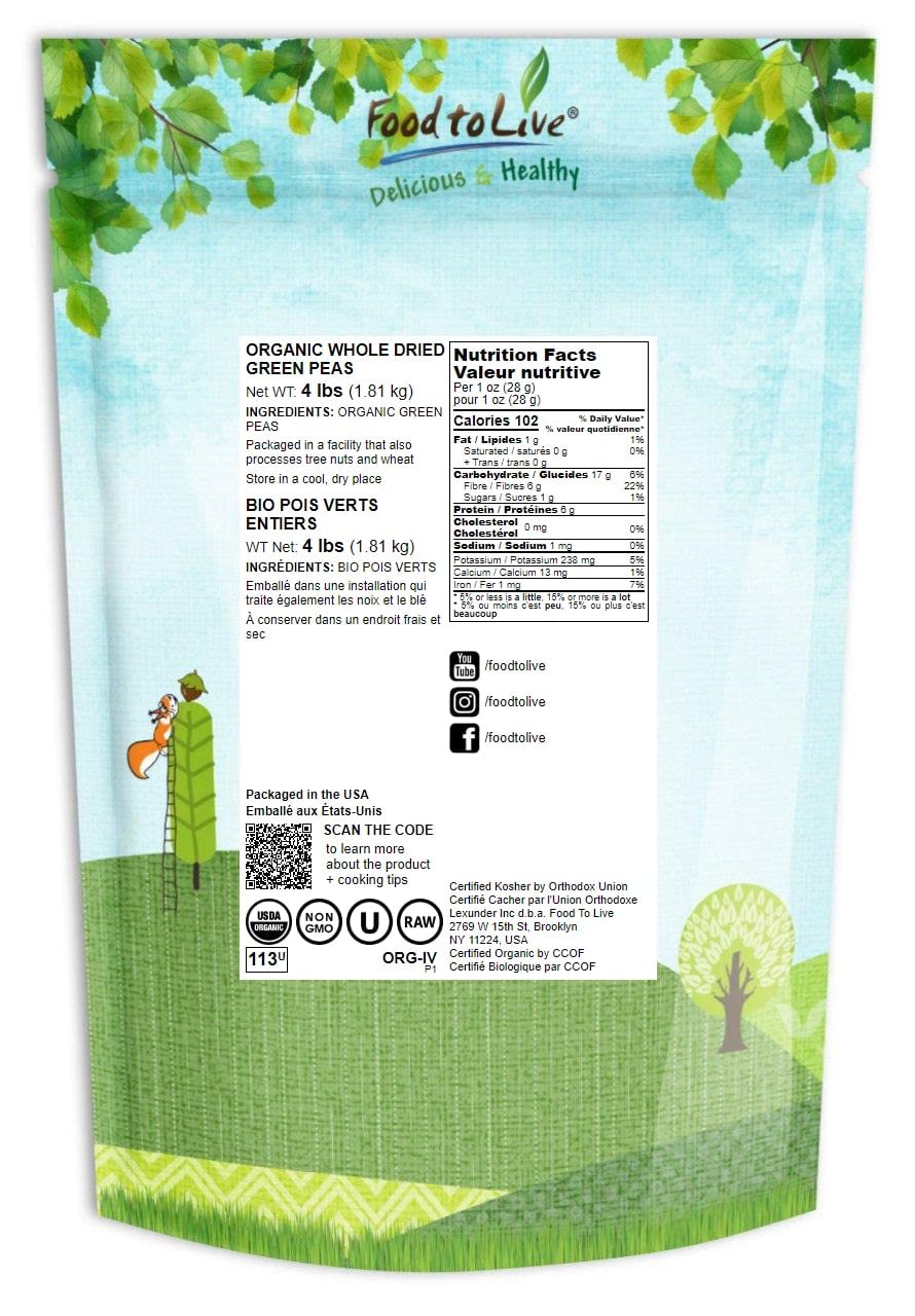 Food To Live Organic Whole Dried Green Peas, 4 Pounds - Non-Gmo, Green Vatana, Sproutable, Vegan, Kosher, Bulk. Pre-Soak Needed.
