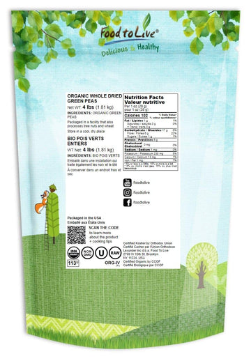 Food To Live Organic Whole Dried Green Peas, 4 Pounds - Non-Gmo, Green Vatana, Sproutable, Vegan, Kosher, Bulk. Pre-Soak Needed.