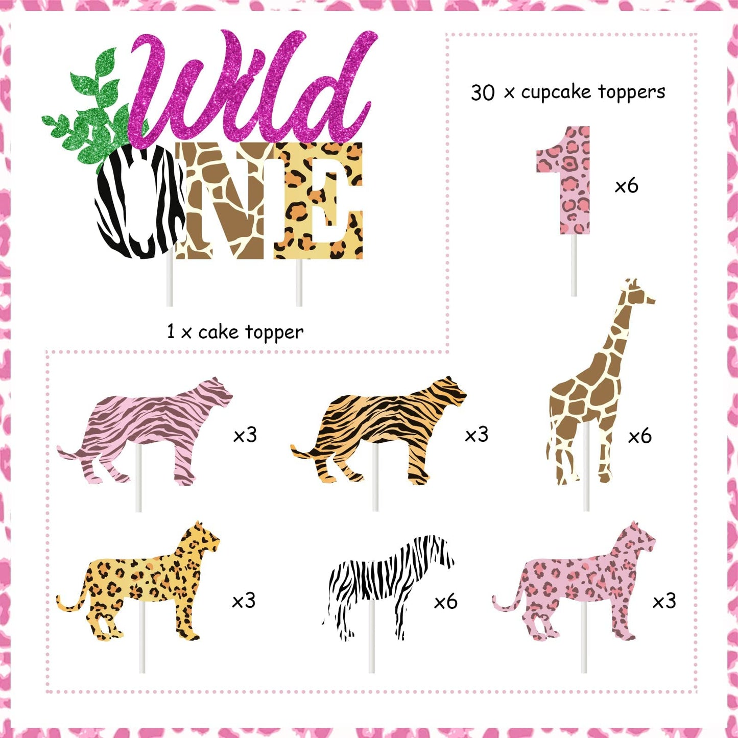 Wild One Birthday Cake Topper Girl - Wild One 1St Birthday Decorations Pink, Animal Print Cupcake Toppers, 31 Pcs Jungle Safari