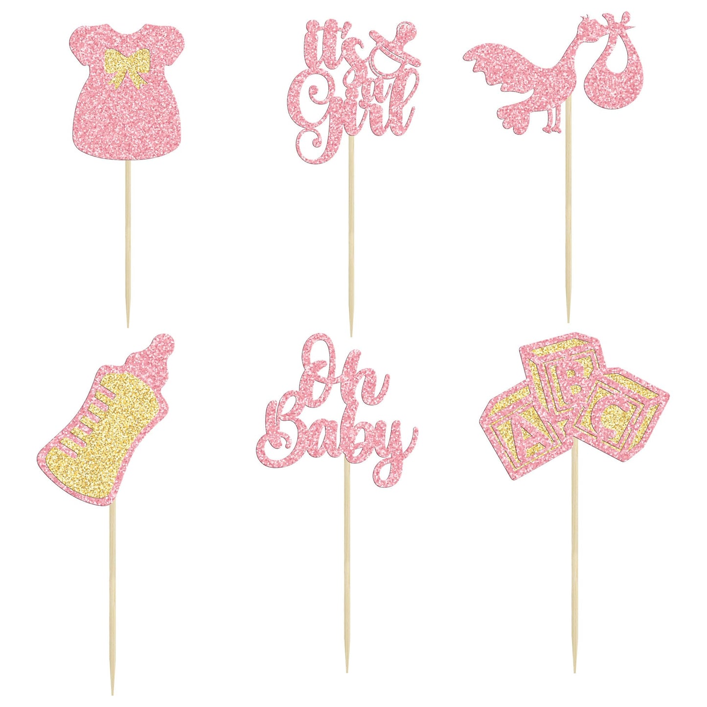 Gyufise 24Pcs Oh Baby Cupcake Toppers Glitter It'S A Girl Cupcake Picks Bow Dress Baby Bottle Baby Shower Cake Decorations For G