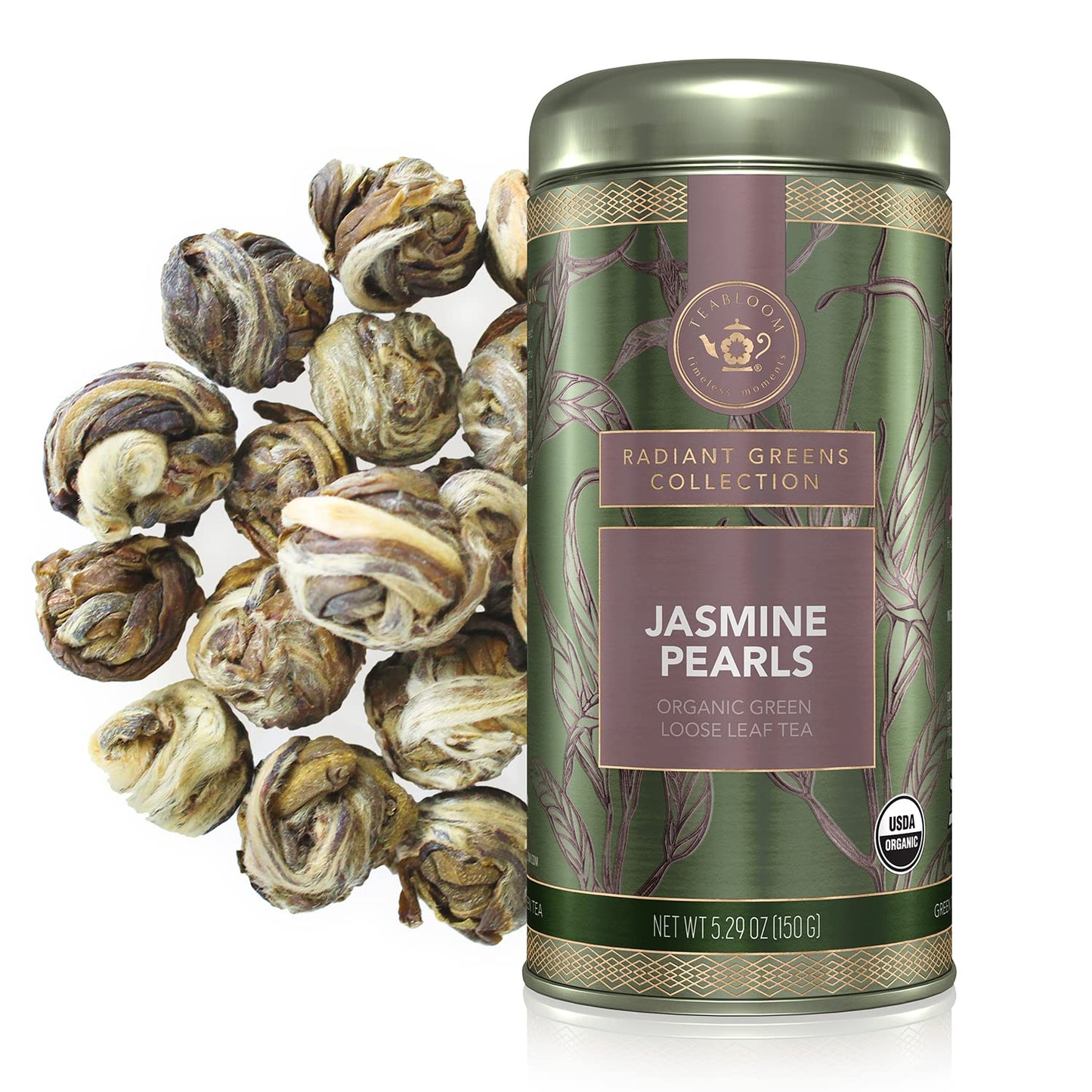 Teabloom Organic Green Tea, Jasmine Pearls Loose Leaf Tea, Captivating And Aromatic Jasmine Tea, Usda Certified Organic, 5.29 Oz