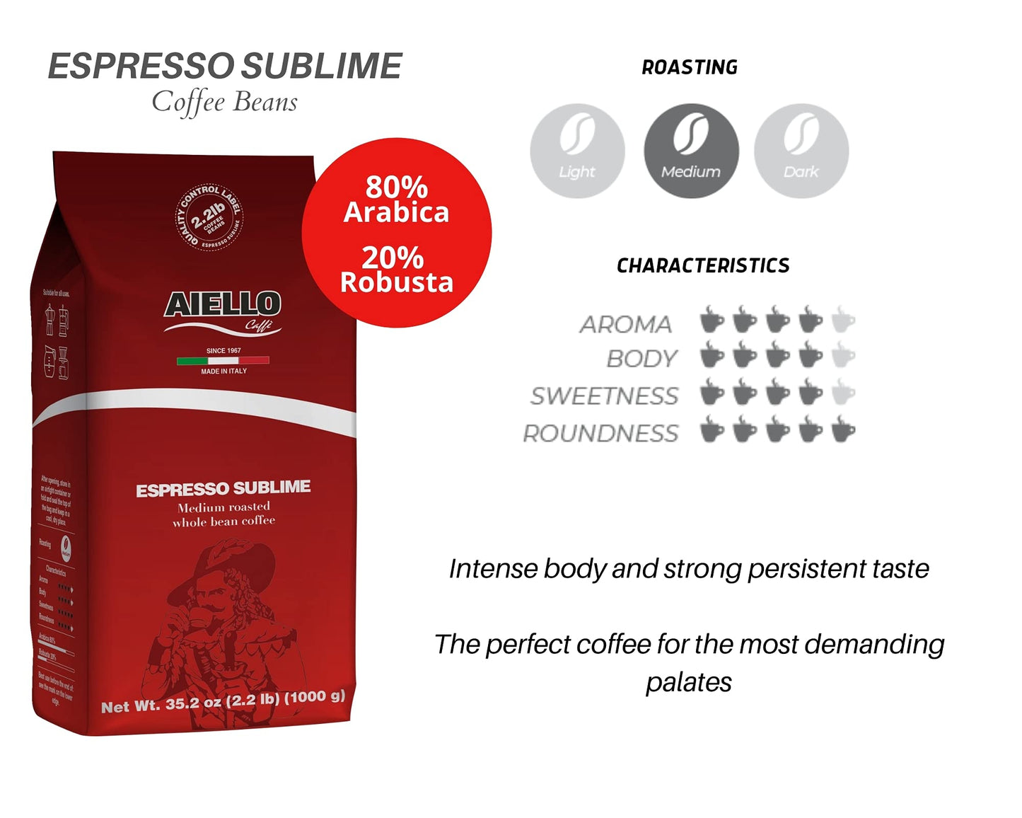 Aiello Caffe Italian Espresso Coffee Beans, Medium Whole Bean, 35.2 Ounce Bag