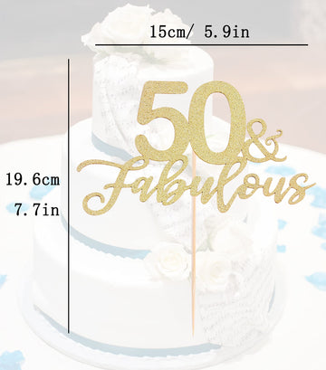 Ahaoray 50 Fabulous Cake Topper, Premium Gold Glitter Cardboard Cake Decoration For 50Th Happy Birthday Party - Fifty And Fabulo
